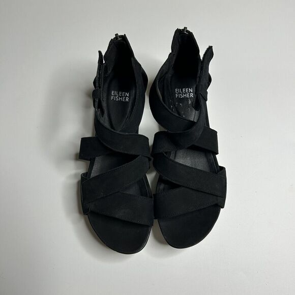 Eileen Fisher Women's Sport Sneaker Sandals Size 7.5 Black Leather Zip Strappy - Picture 3 of 12